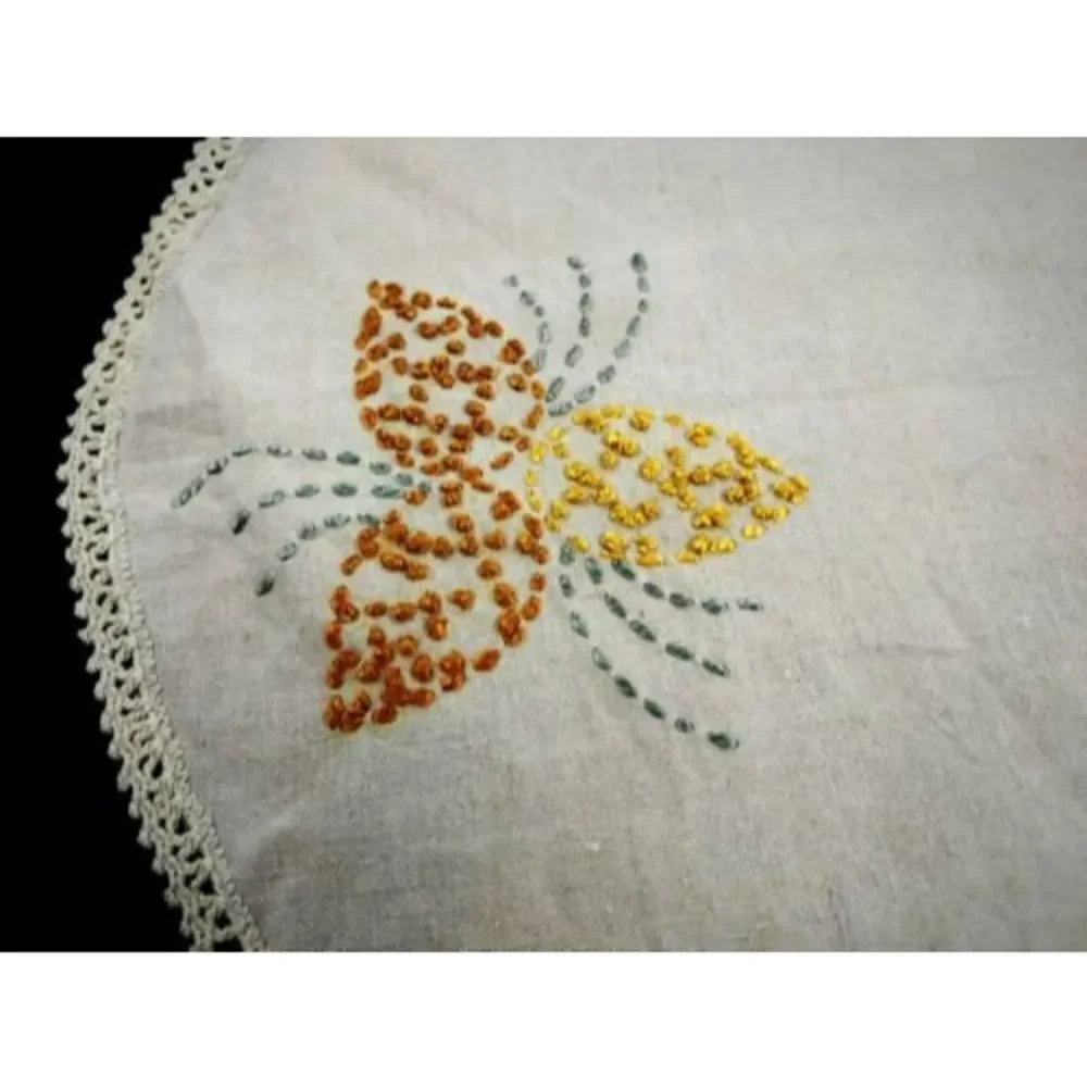 1960s Floral Butterfly Motif  HAND Embroidered  Table Linen Vase Bowl Placemat